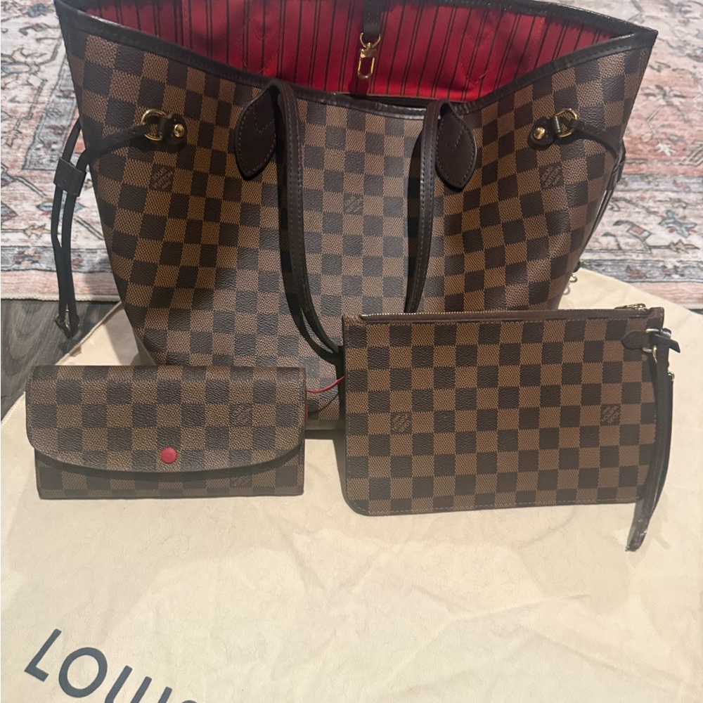 Louis Vuitton Brown Checkered Tote Set with wallet
